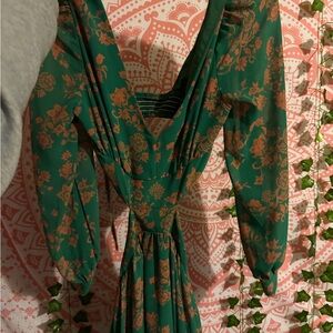 SHEIN Teal and Brown Floral Long Sleeve Dress